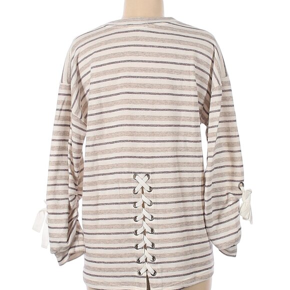 Democracy Ivory and Tan Striped 3/4 Sleeve Vneckline Pullover Size Medium - Picture 2 of 8